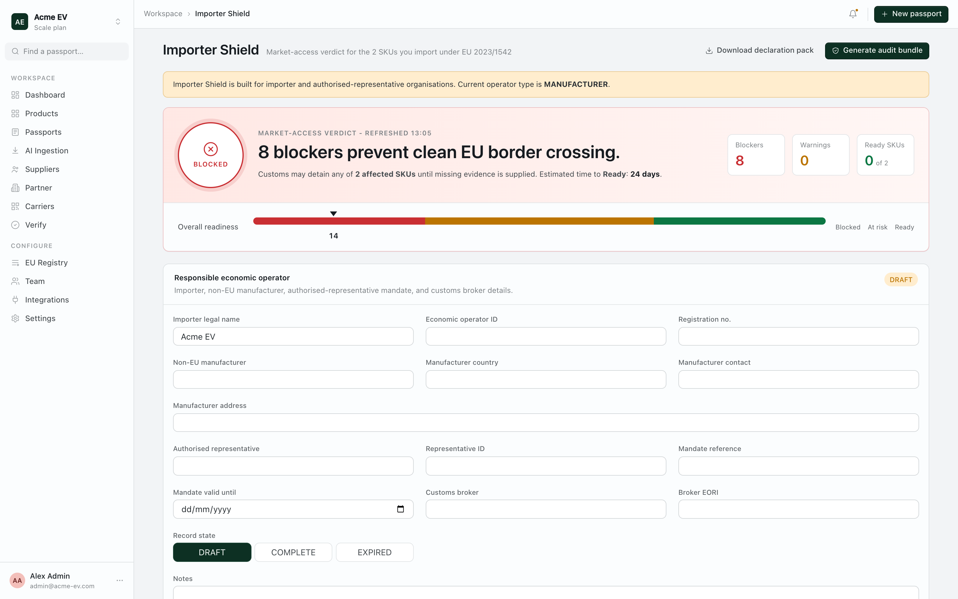 Importer Shield: per-SKU market-access verdict, blockers, supplier risk and customs audit bundle — the actual product.
